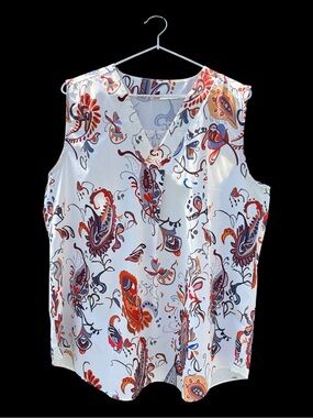Paisley sleeveless flowy blouse, orange blue brown